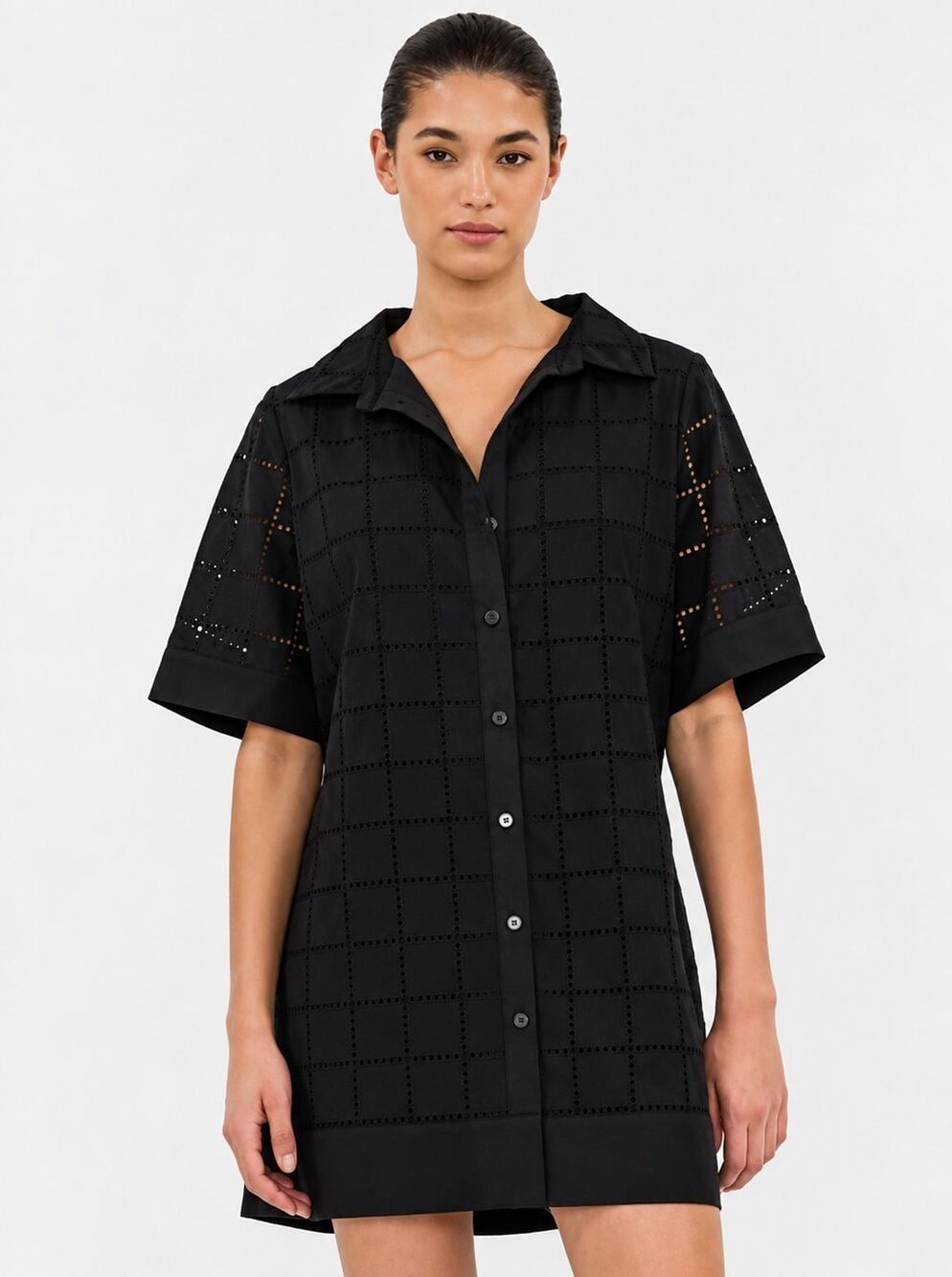 DISSH Owen Black Broderie Cotton Mini Shirt Dress US 4